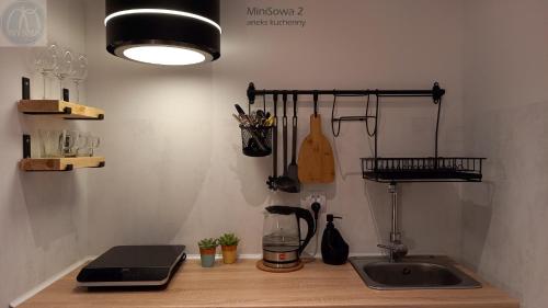 a kitchen counter with a sink and a laptop on it at miniSowa in Jedlina-Zdrój