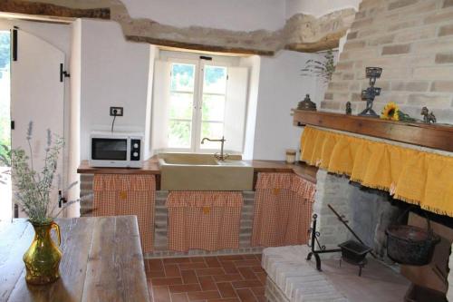 a living room with a fireplace and a sink at B&B Il Poggetto in Serra SantʼAbbondio