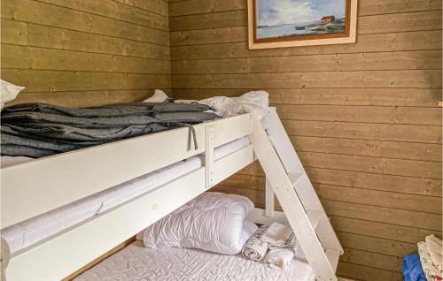 ein Schlafzimmer mit einem Etagenbett in einer Holzwand in der Unterkunft Stunning Home In Vikbolandet With Wifi And 2 Bedrooms 
