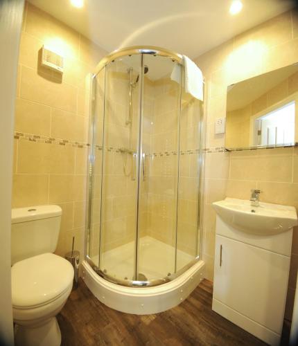 a bathroom with a shower and a toilet and a sink at Queens arms country inn in Glossop