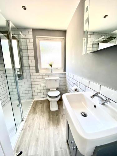 a white bathroom with a toilet and a sink at Lakeside View With Hot Tub in Abertillery