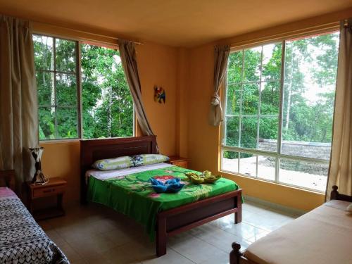 a bedroom with a bed with green sheets and windows at Hostal Tena Ñaui in Tena