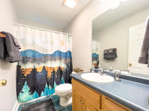 a bathroom with a toilet and a shower curtain at Peaceful treetop escape! Pool table, grill, games, sleeps 10! in Helen