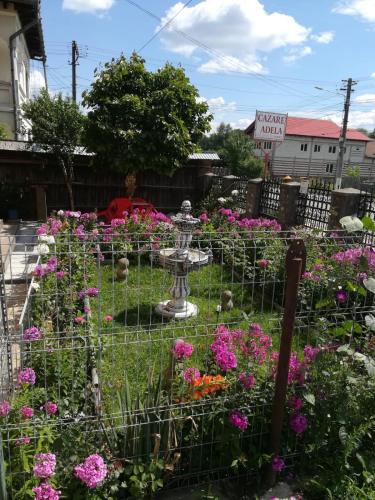 a garden of flowers with a fountain in the middle at Cazare Adela in Horezu
