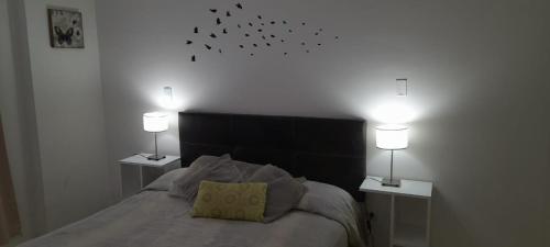 Un dormitorio con una cama con dos luces. en Departamento Albaluz Barrio Sur en San Miguel de Tucumán