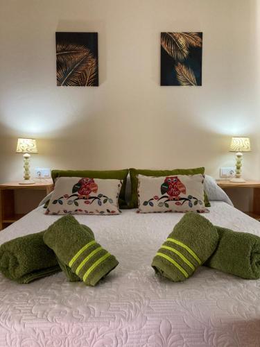 ein Bett mit grünen und weißen Kissen darauf in der Unterkunft Apartamento MAFASCA in Las Playitas