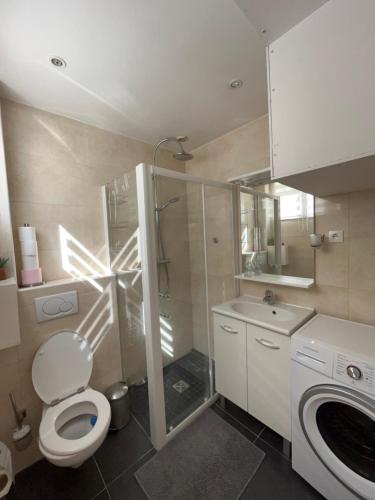 e bagno con servizi igienici, doccia e lavandino. di Amazing apartment 1BDR2PAX PARIS Boulogne Roland Garros a Boulogne-Billancourt