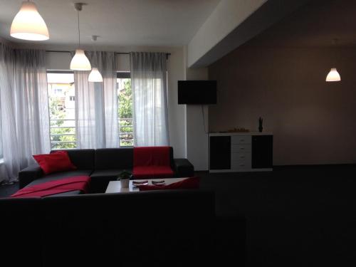 sala de estar con sofá negro y almohadas rojas en Apartmány Superrelax en Liptovský Mikuláš
