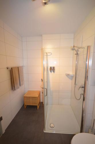een badkamer met een douche met een glazen deur bij Residenz am Bodensee in Friedrichshafen
