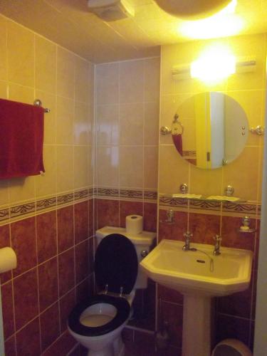 a bathroom with a toilet and a sink and a mirror at Hotel de Ville in Ramsgate