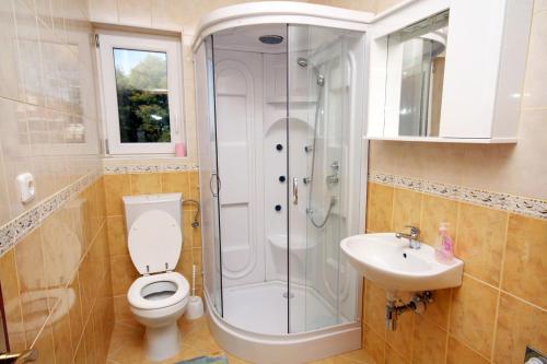 a bathroom with a shower and a toilet and a sink at Apartments by the sea Bilo, Primosten - 4806 in Podgreben