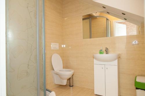 a bathroom with a toilet and a sink and a shower at "Arkadia" in Ostrołęka