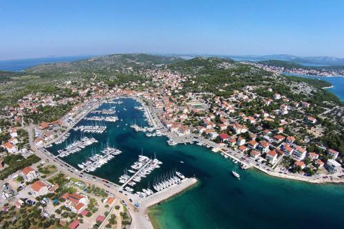 an aerial view of a harbor with boats in the water at Apartments and rooms with parking space Jezera, Murter - 5082 in Jezera