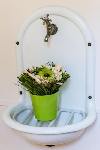 a flower pot on a shelf with a plant at Maison de la Garenne & Spa in Vannes
