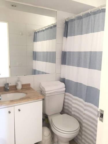 y baño con aseo, lavamanos y cortina de ducha. en Grande Departamento, Frente al Mar, Equipado., en Valparaíso