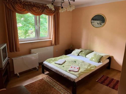 1 dormitorio con cama y ventana en Bar Sandacz, en Inowłódz