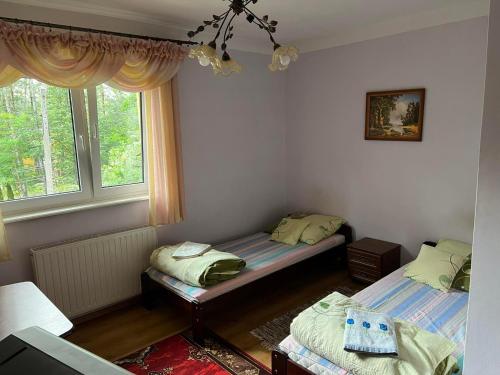 Inowłódz的住宿－Bar Sandacz，客房设有两张床和窗户。