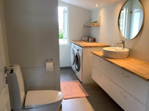 uma casa de banho com um lavatório e uma máquina de lavar roupa em Holiday home Gilleleje LXXXVIII em Gilleleje