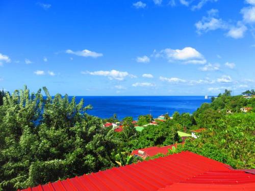 a town with red roofs and the ocean in the background at Modern Air Conditioned Home For Family & Adventure in Loubiere