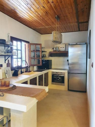 a kitchen with a stainless steel refrigerator and a wooden ceiling at Villa Al-ari in Diakopto
