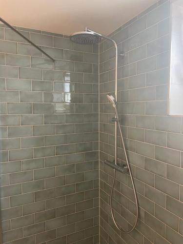 a shower with a shower head in a bathroom at Luises Ferienglück in Vernawahlshausen
