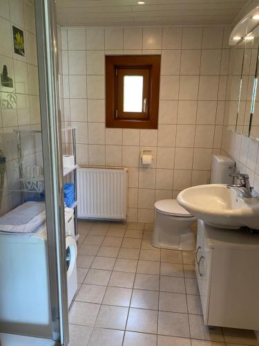 a bathroom with a sink and a toilet and a sink at Ferienhaus Bergblick in Kaning