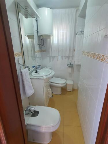 La salle de bains blanche est pourvue de toilettes et d'un lavabo. dans l'établissement Carmen de la Sultana, à Grenade