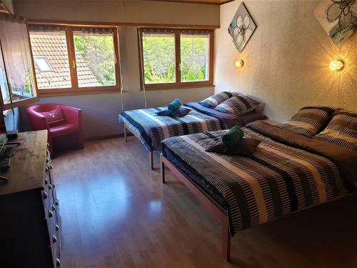 a living room with two beds and a couch at Au nid de la foret in Boersch