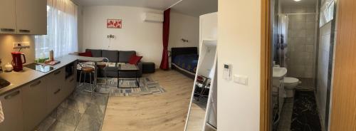 Habitación con cocina y sala de estar. en Paralepa Guest House en Haapsalu