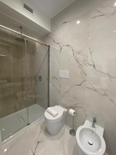 a bathroom with a toilet and a shower and a sink at Namuri Luxury Rooms in Taormina
