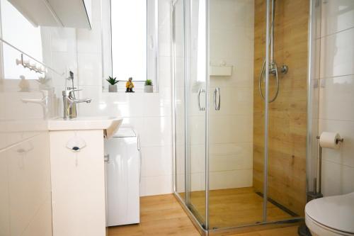 W łazience znajduje się prysznic, umywalka i toaleta. w obiekcie Komfortowy apartament dwupoziomowy w cichej okolicy w Pobierowie