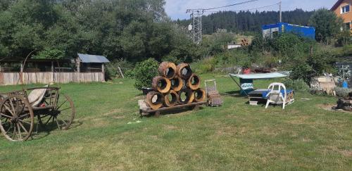 a yard with a table and a pile of logs at DVOR POD KRíKMI in Spišský Štvrtok