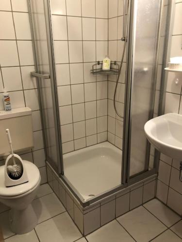 ein Bad mit einer Dusche, einem WC und einem Waschbecken in der Unterkunft pension Helga in Bad Dürkheim