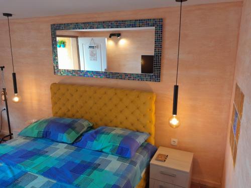 1 dormitorio con 1 cama con espejo encima en Golden House Apartments en Čačak