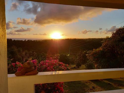 a teddy bear sitting on a window sill watching the sunset at Charly's place in Calibishie