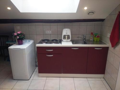 uma pequena cozinha com um lavatório e um fogão em Appartement en location touristique pour 4 personnes em Docelles