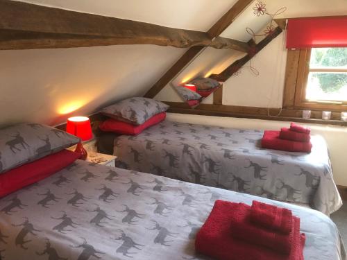 a bedroom with two beds and a window in a attic at Soldiers Cottage, with HOT TUB, dog friendly, great views in Hereford