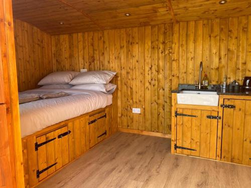 um quarto com uma cama e um lavatório numa cabina em Vale View Glamping em Ruthin