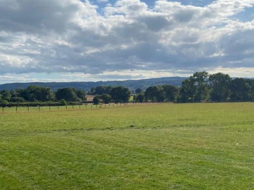 a large green field with trees in the distance at Vale View Glamping in Ruthin