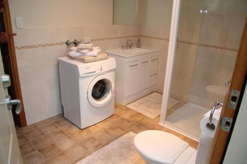 a bathroom with a washing machine and a shower at Camawald Coonawarra Cottage B&B in Coonawarra