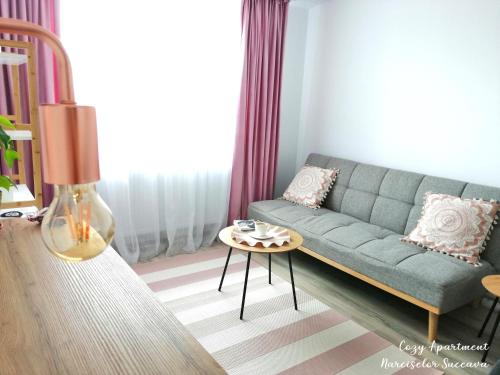een woonkamer met een bank en een tafel bij Cozy Apartment Narciselor Suceava in Ipoteşti