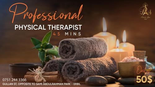 a flyer for a professional physical therapist with candles and towels at Mariana Hotel Erbil in Erbil