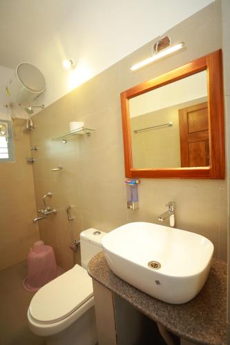 a bathroom with a sink and a toilet and a mirror at Ayla Homes in Madikeri