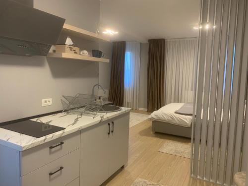 uma cozinha com um lavatório e uma cama num quarto em EM04- Studio premium em Târgu Jiu
