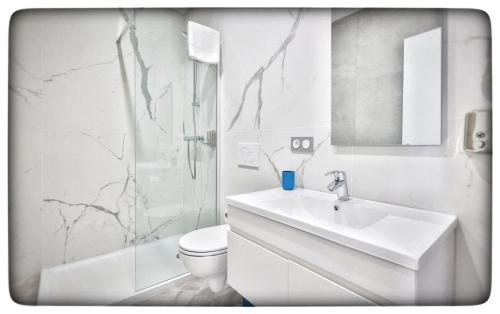 a bathroom with a sink and a toilet and a shower at Le Vallaya Suites & Spa in Menton