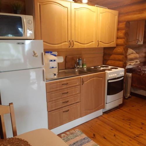 a kitchen with a white refrigerator and a sink at Mökki Salakka Rääkkylä Pohjois-Karjala in Nieminen