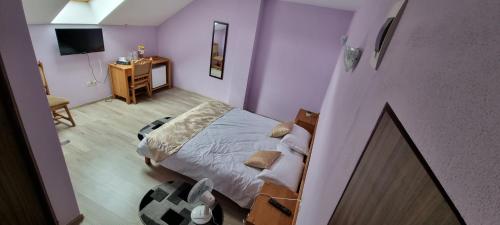 a bedroom with a bed and a desk and a television at Pensiunea ATLANTIS in Moisei