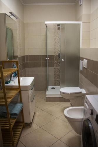 a bathroom with a shower and a toilet and a sink at Villa Pirken Hammer in Pirkenhammer