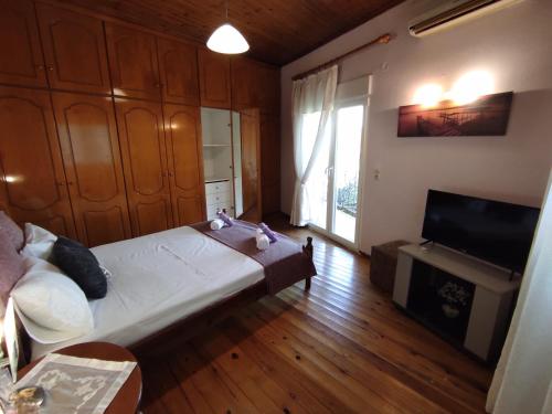 a small bedroom with a bed and a television at LAFION HOUSE in Lafiónas