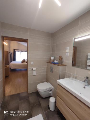 1 cama y baño con aseo y lavamanos. en Domaine de l'Orfraie en Saint-Juire-Champgillon